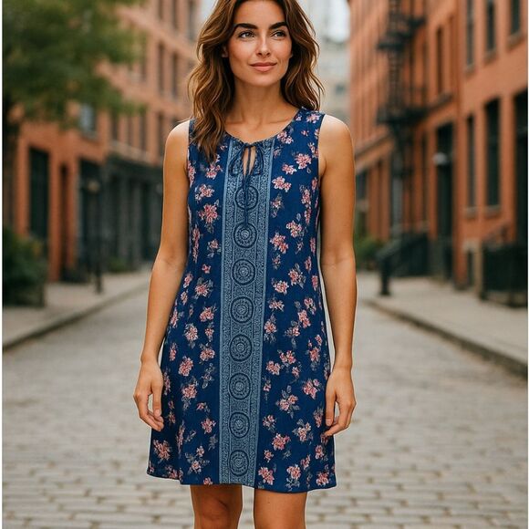 Charming Charlie sleeveless navy floral boho shift dress, size M - Picture 1 of 11
